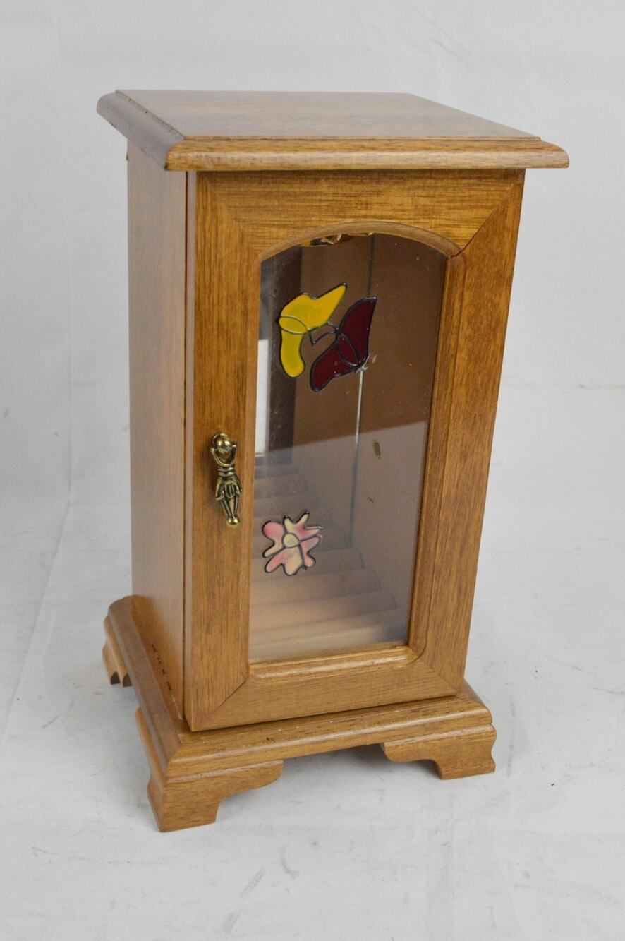 Vintage Wood Jewelry Armoire Cabinet Mirror Glass Door Necklace Box 10"